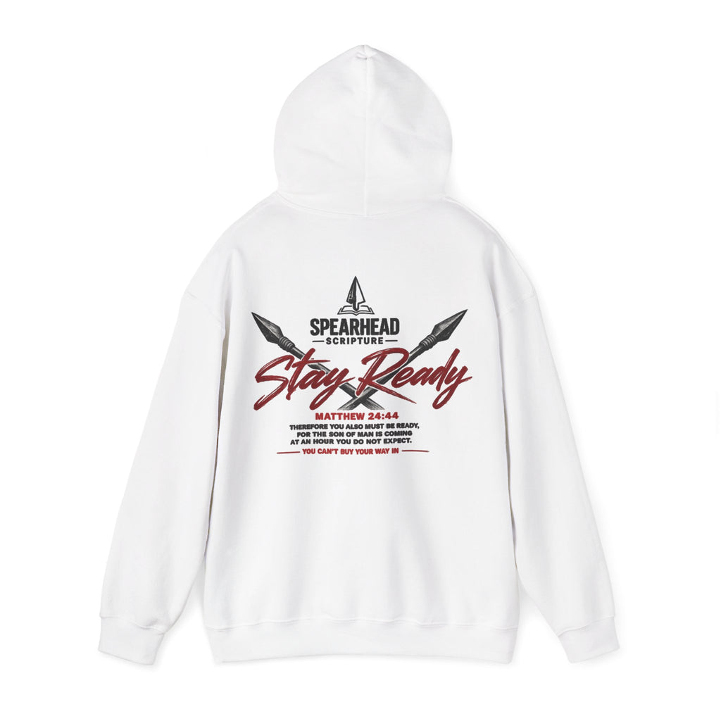 Stay Ready Hoodie – Christian Spearhead Scripture Sweatshirt (Matthew 24:44)