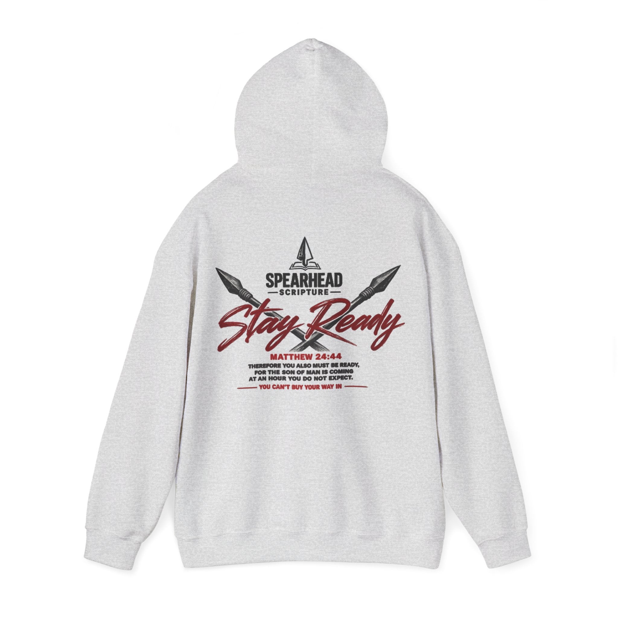 Stay Ready Hoodie – Christian Spearhead Scripture Sweatshirt (Matthew 24:44)