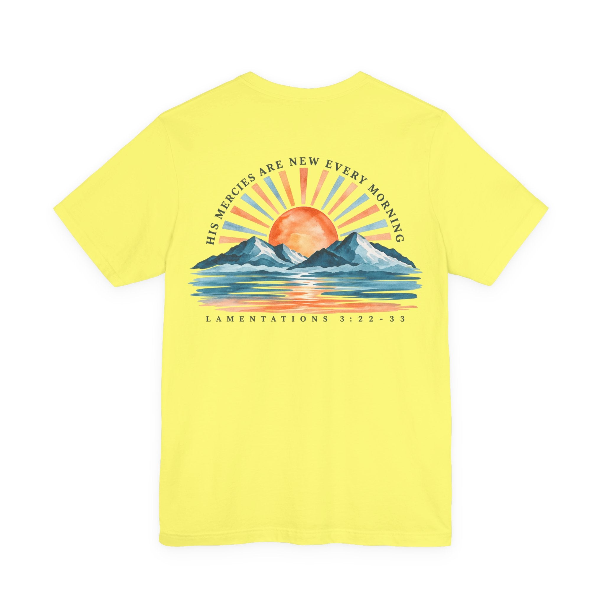 Sunrise Mountains Tee — “His Mercies Are New Every Morning” Christian Graphic T-Shirt