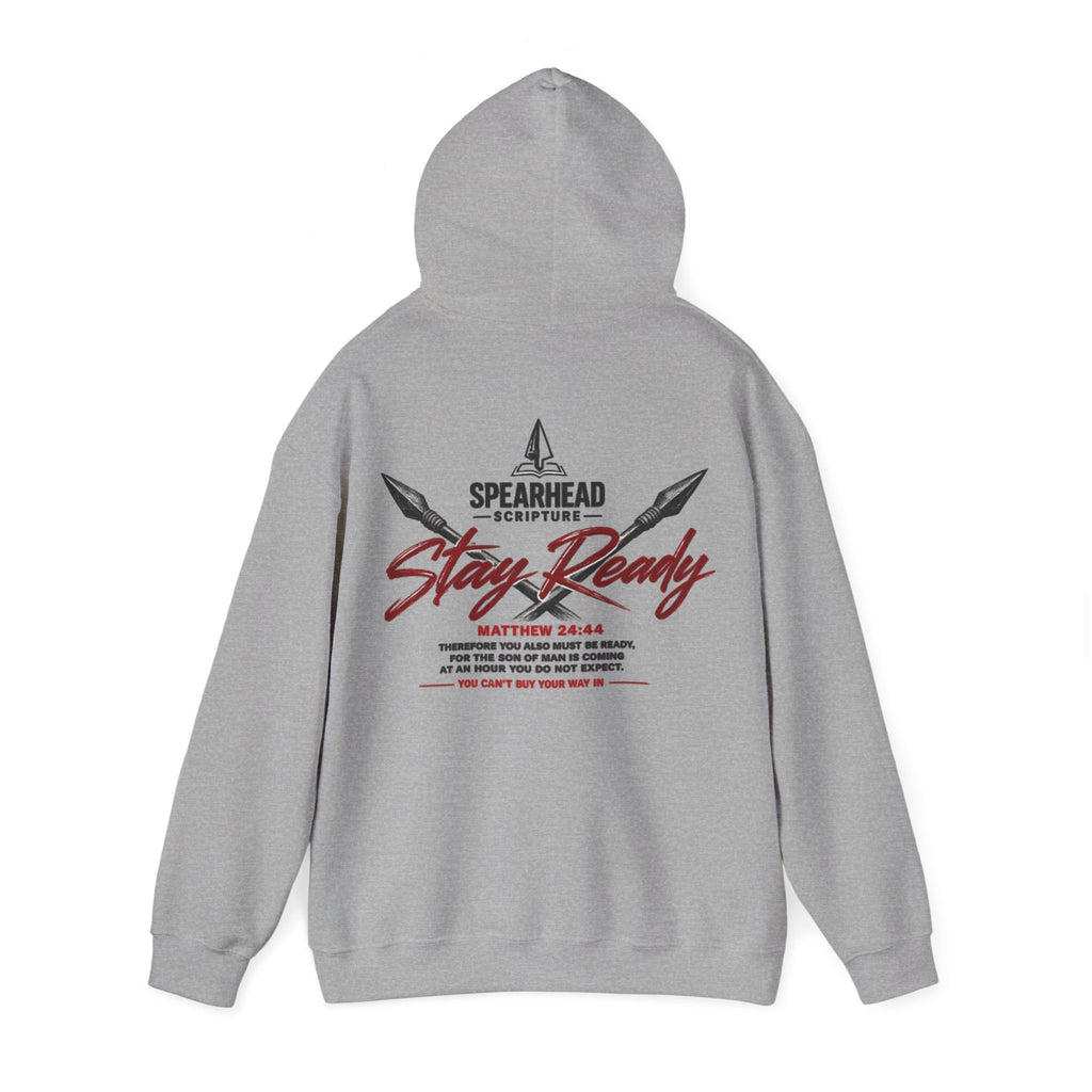 Stay Ready Hoodie – Christian Spearhead Scripture Sweatshirt (Matthew 24:44)