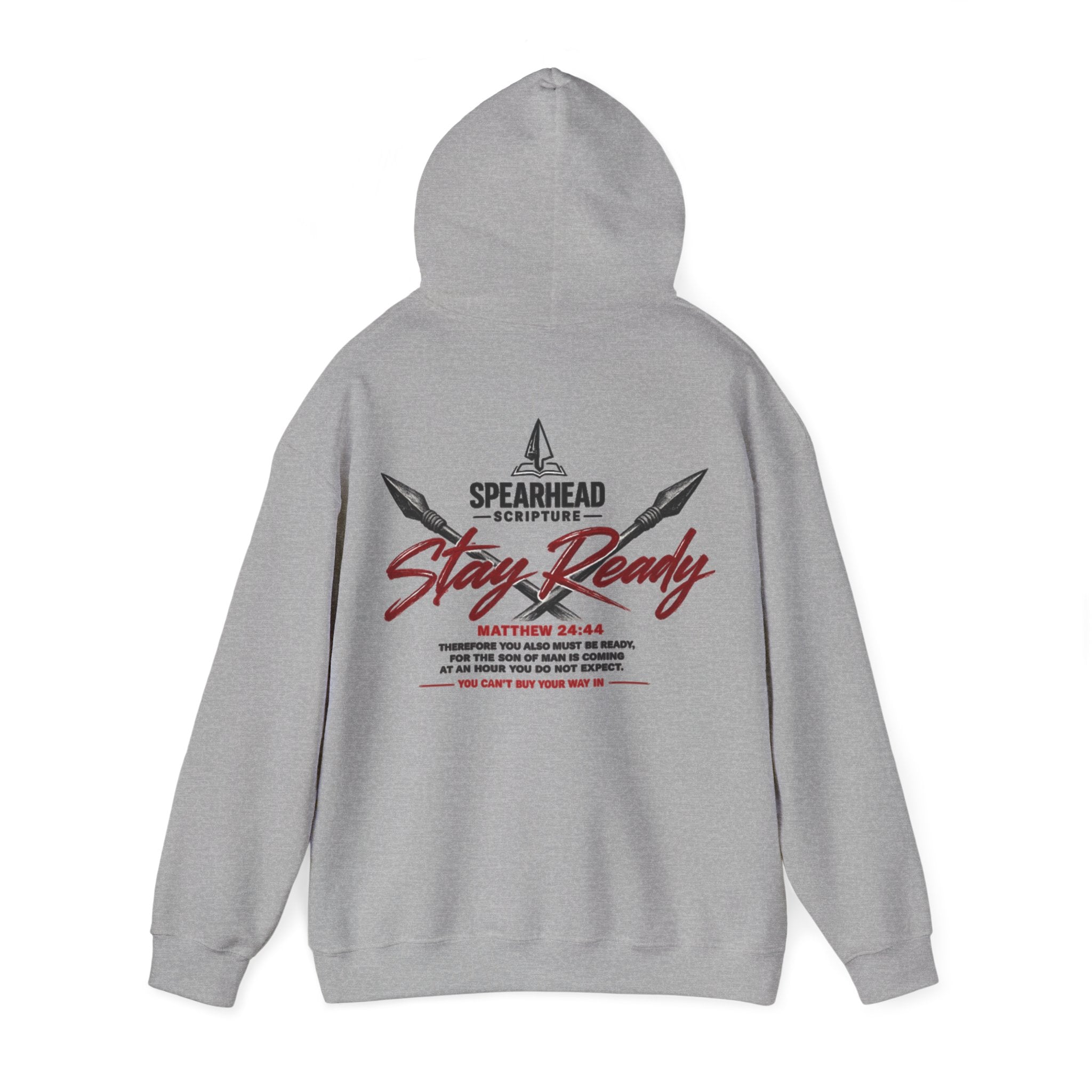 Stay Ready Hoodie – Christian Spearhead Scripture Sweatshirt (Matthew 24:44)
