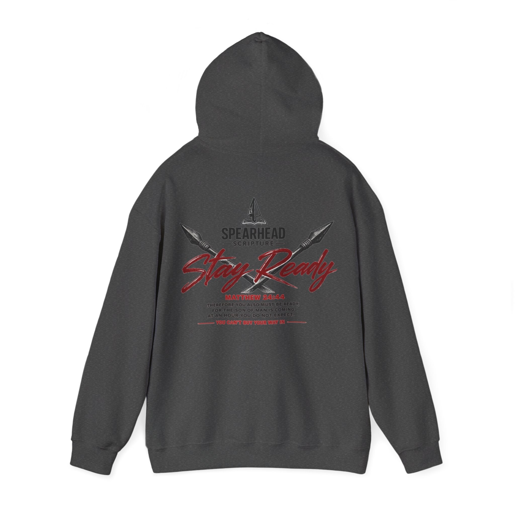 Stay Ready Hoodie – Christian Spearhead Scripture Sweatshirt (Matthew 24:44)