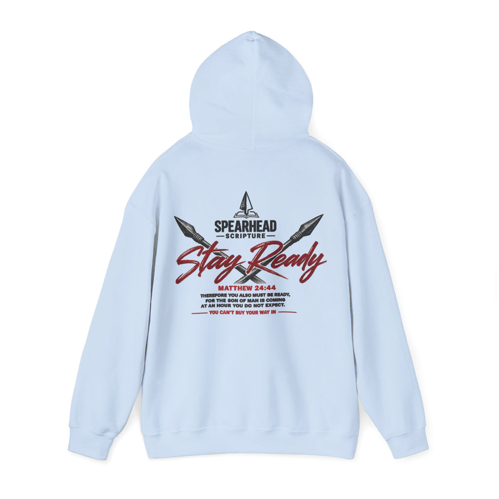 Stay Ready Hoodie – Christian Spearhead Scripture Sweatshirt (Matthew 24:44)