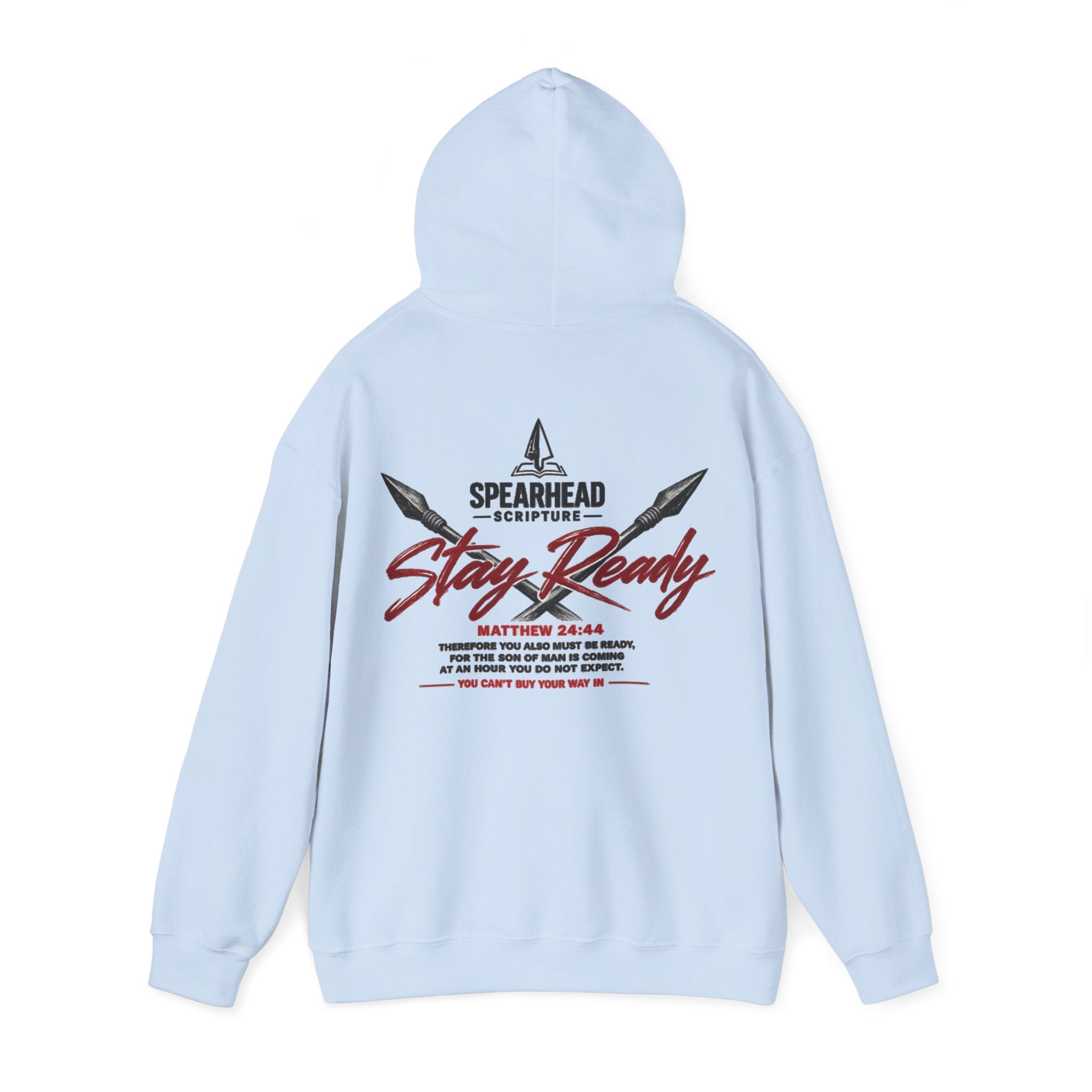 Stay Ready Hoodie – Christian Spearhead Scripture Sweatshirt (Matthew 24:44)