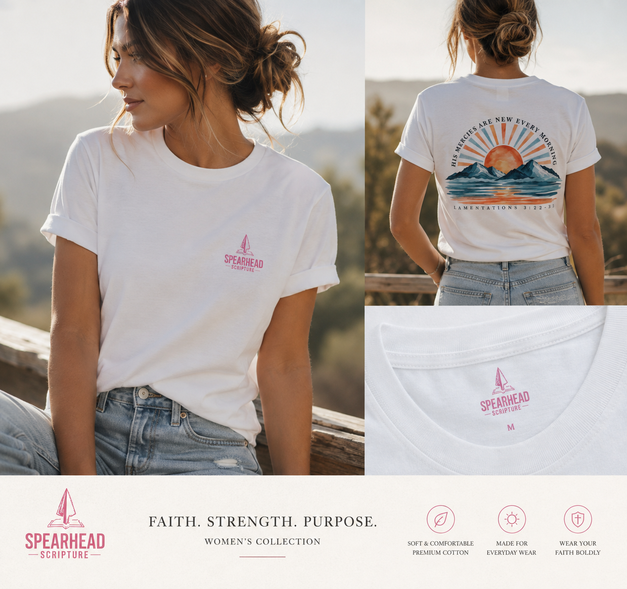 Sunrise Mountains Tee — “His Mercies Are New Every Morning” Christian Graphic T-Shirt