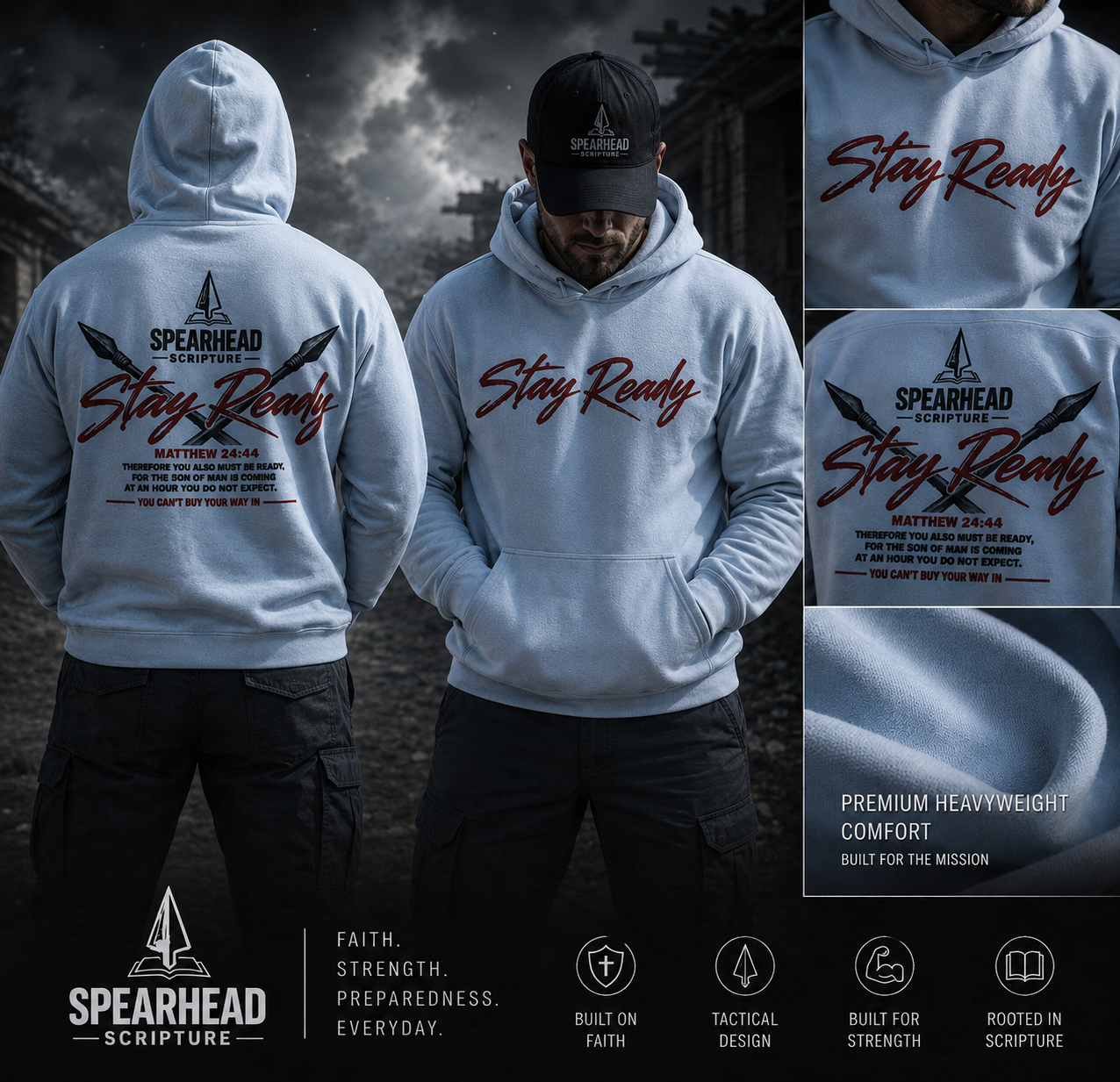 Stay Ready Hoodie – Christian Spearhead Scripture Sweatshirt (Matthew 24:44)