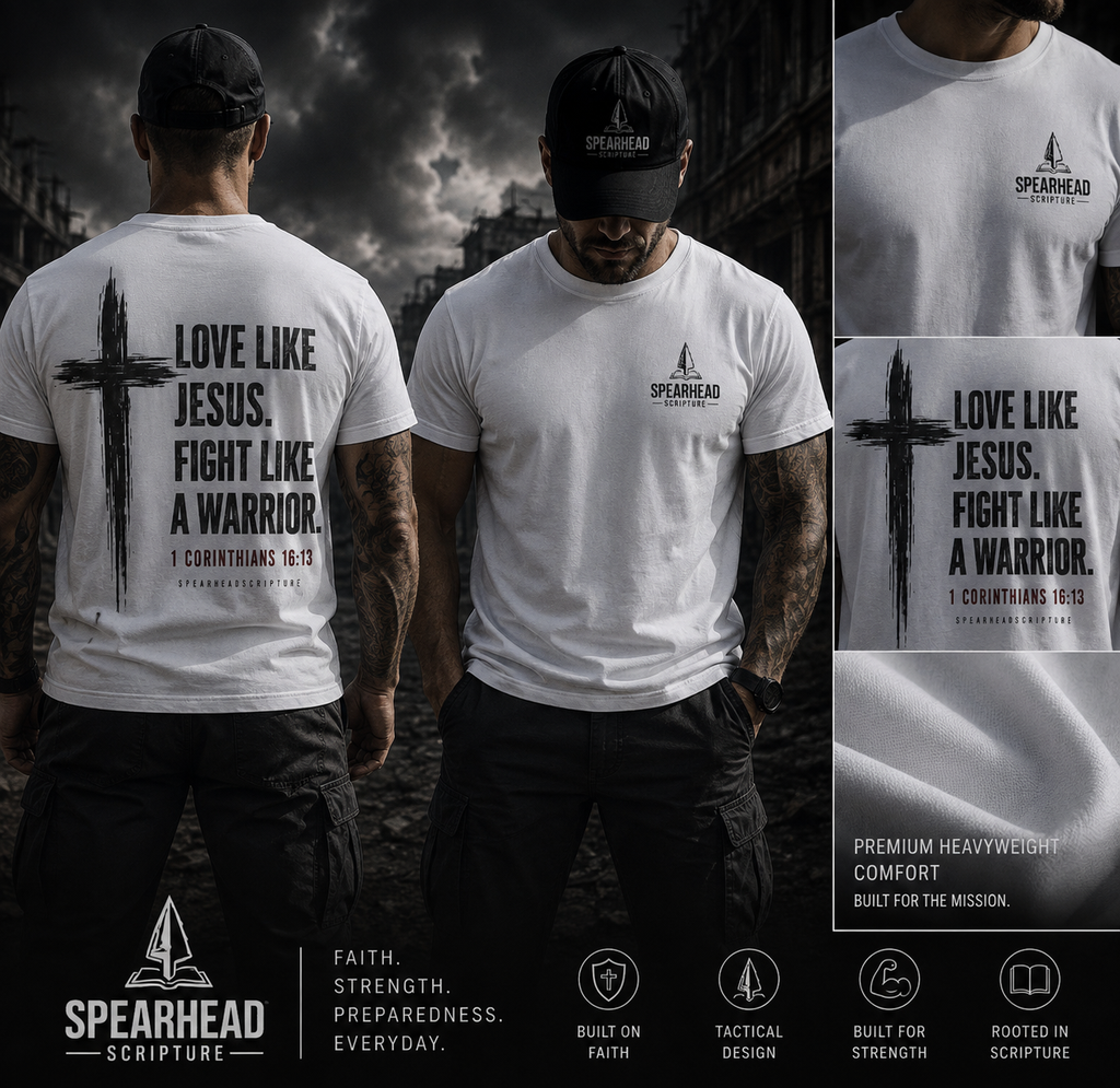 Christian Tee — "Love Like Jesus. Fight Like a Warrior." 1 Corinthians 16:13
