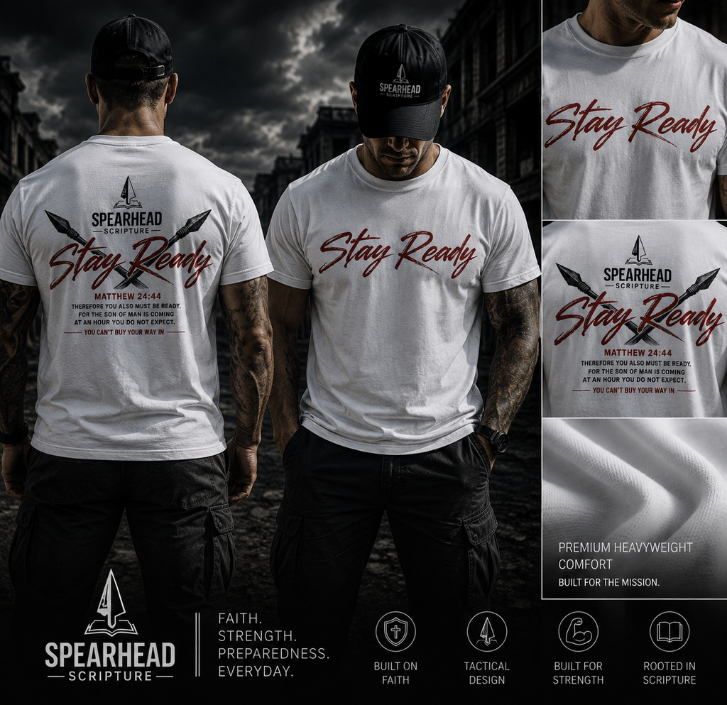 Stay Ready Tee — 'Stay Ready' Graphic Short Sleeve Shirt with Spearhead Scripture Back Print