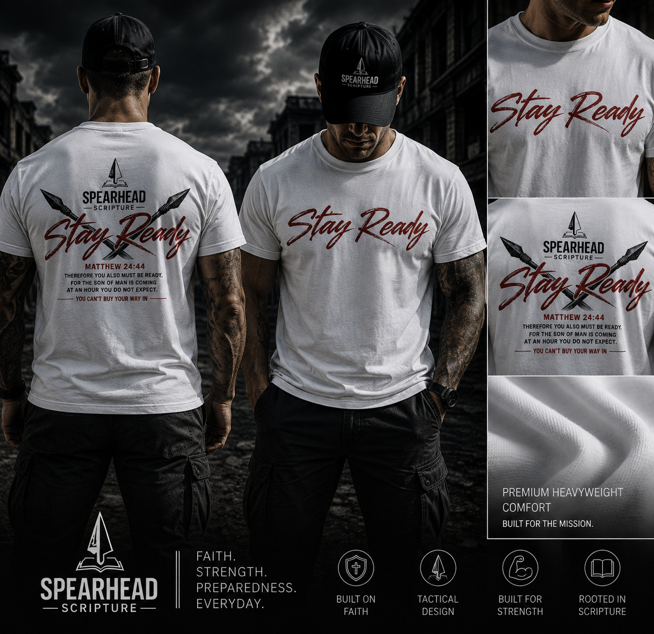 Stay Ready Tee — 'Stay Ready' Graphic Short Sleeve Shirt with Spearhead Scripture Back Print