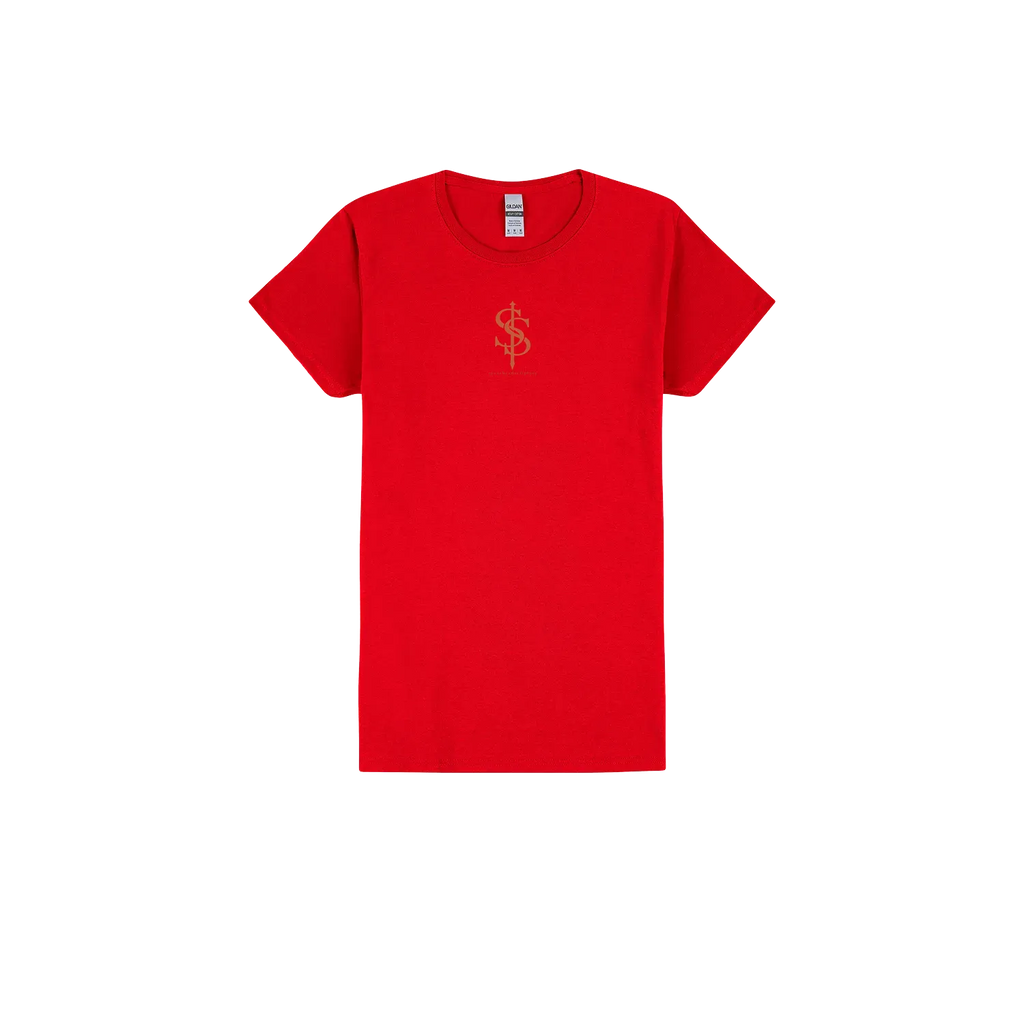 Be Still and Know Women’s Tee in Red, front view