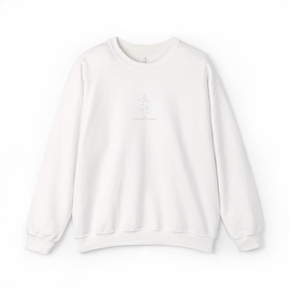 Spearhead Scripture Small Logo Embroidered Crewneck in White, front view