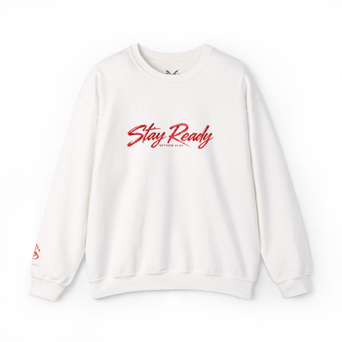 Stay Ready Embroidered Crewneck in White, front view